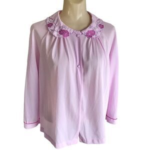Miss Elaine Lavender Pink Nylon Dressing Jacket Flower Embroidered  Collar